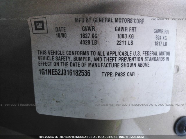 1G1NE52J316182536 - 2001 CHEVROLET MALIBU ოქროსფერი ფოტო 9