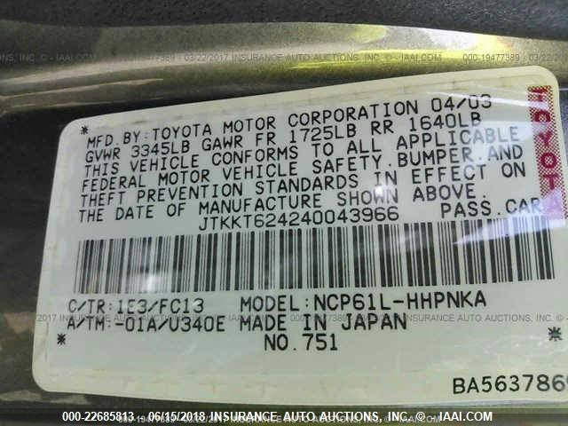 JTKKT624240043966 - 2004 TOYOTA SCION XA ნაცრისფერი ფოტო 9