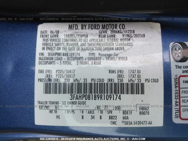 3FAHP08189R109174 - 2009 FORD FUSION SEL BLUE photo 9