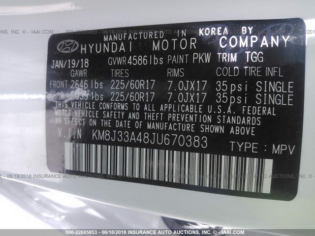 KM8J33A48JU670383 - 2018 HYUNDAI TUCSON LIMITED/SPORT AND ECO/SE WHITE photo 9