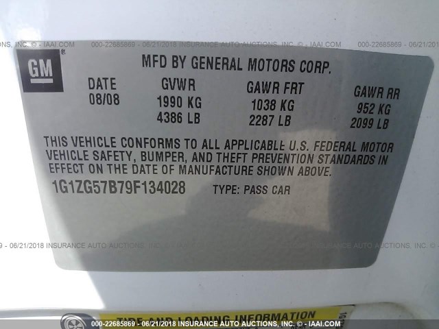 1G1ZG57B79F134028 - 2009 CHEVROLET MALIBU LS 白色 照片 9