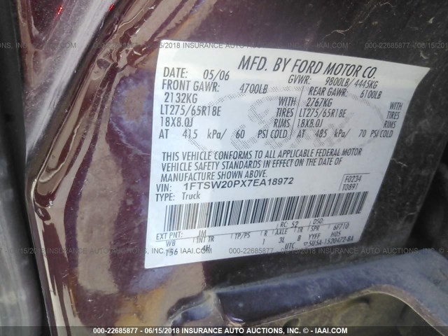 1FTSW20PX7EA18972 - 2007 FORD F250 SUPER DUTY MAROON photo 9