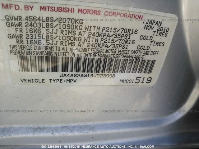 JA4AS2AW1BU023998 - 2011 MITSUBISHI OUTLANDER ES ვერცხლისფერი ფოტო 9