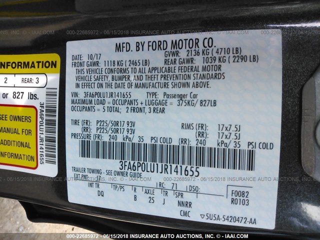 3FA6P0LU1JR141655 - 2018 FORD FUSION SE HYBRID GRAY photo 9