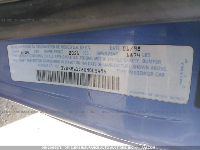 3VWBB61C8WM005495 - 1998 VOLKSWAGEN NEW BEETLE 蓝色 照片 9