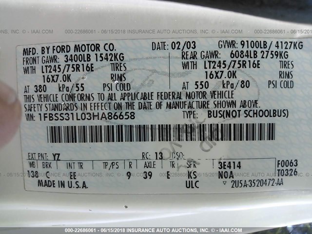 1FBSS31L03HA86658 - 2003 FORD ECONOLINE E350 SUPER DUTY WAGON WHITE photo 9