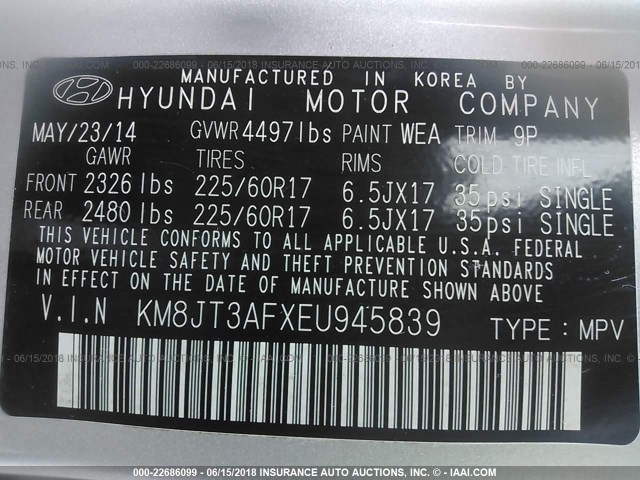 KMAJT3AFXEU945839 - 2014 HYUNDAI TUCSON SILVER photo 9