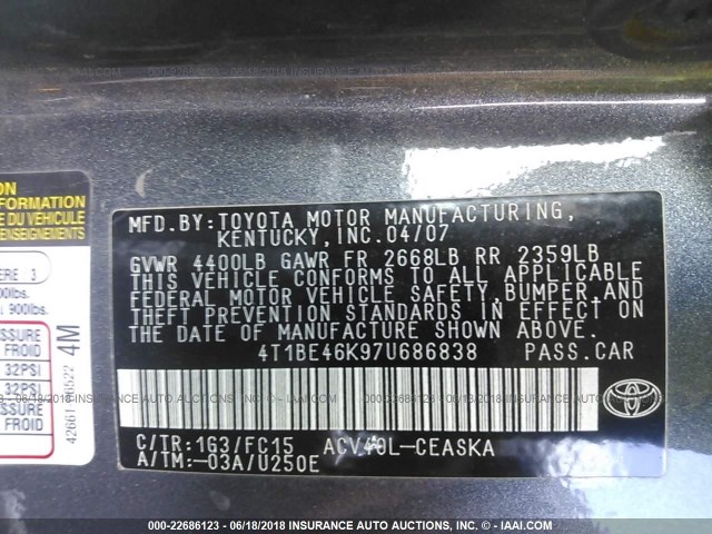 4T1BE46K97U686838 - 2007 TOYOTA CAMRY NEW GENERAT CE/LE/XLE/SE GRAY photo 9
