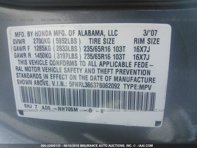 5FNRL38637B062092 - 2007 HONDA ODYSSEY EXL GRAY photo 9