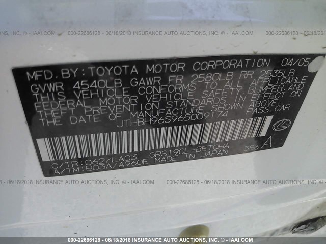 JTHBH96S965009174 - 2006 LEXUS GS GENERATION 200 300 WHITE photo 9