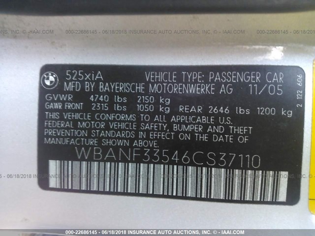 WBANF33546CS37110 - 2006 BMW 525 XI SILVER photo 9