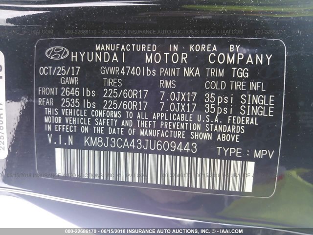 KM8J3CA43JU609443 - 2018 HYUNDAI TUCSON LIMITED/SPORT AND ECO/SE BLACK photo 9