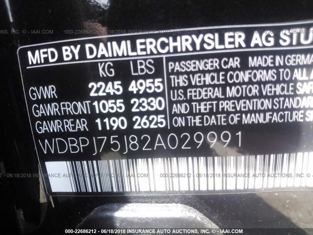 WDBPJ75J82A029991 - 2002 MERCEDES-BENZ CL 500 BLACK photo 9