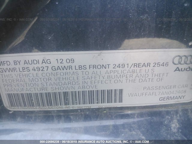 WAUFFAFL7AN042408 - 2010 AUDI A4 PREMIUM PLUS GRAY photo 9