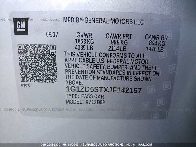 1G1ZD5STXJF142167 - 2018 CHEVROLET MALIBU LT SILVER photo 9