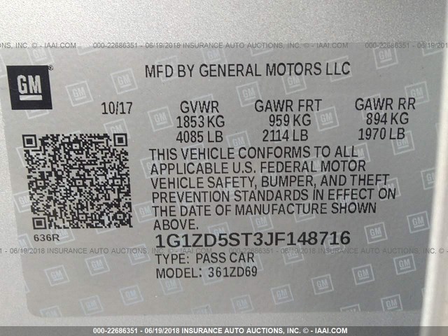 1G1ZD5ST3JF148716 - 2018 CHEVROLET MALIBU LT SILVER photo 9