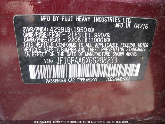 JF1GPAA6XGG288233 - 2016 SUBARU IMPREZA MAROON photo 9