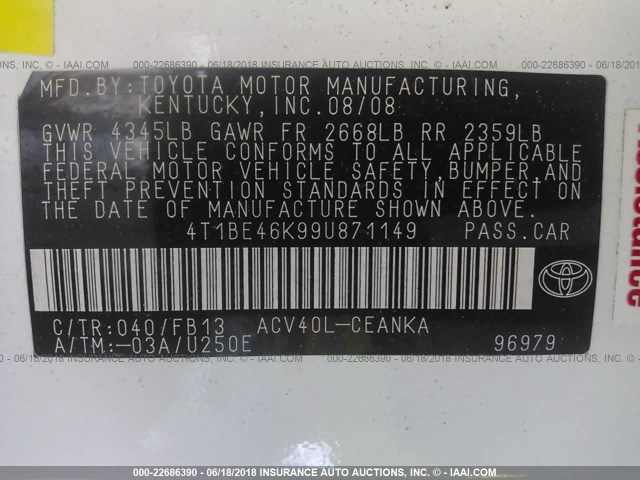 4T1BE46K99U871149 - 2009 TOYOTA CAMRY SE/LE/XLE WHITE photo 9