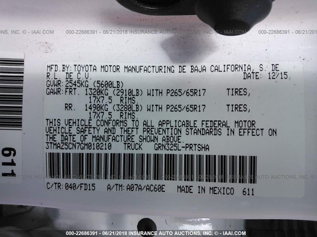 3TMAZ5CN7GM010210 - 2016 TOYOTA TACOMA DBL CAB/SR5/TRD SPORT/OR WHITE photo 9