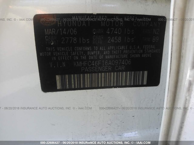 KMHFC46F16A097406 - 2006 HYUNDAI AZERA SE/LIMITED WHITE photo 9