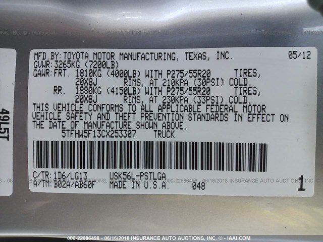 5TFHW5F13CX253307 - 2012 TOYOTA TUNDRA CREWMAX LIMITED Gümüş foto 9