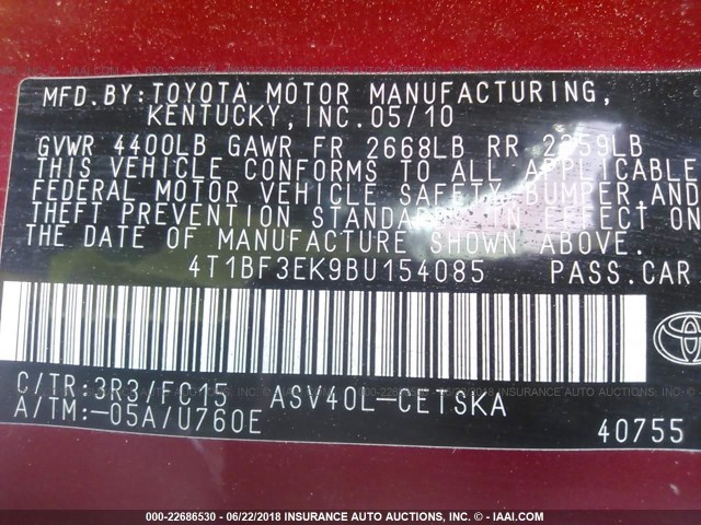4T1BF3EK9BU154085 - 2011 TOYOTA CAMRY SE/LE/XLE RED photo 9