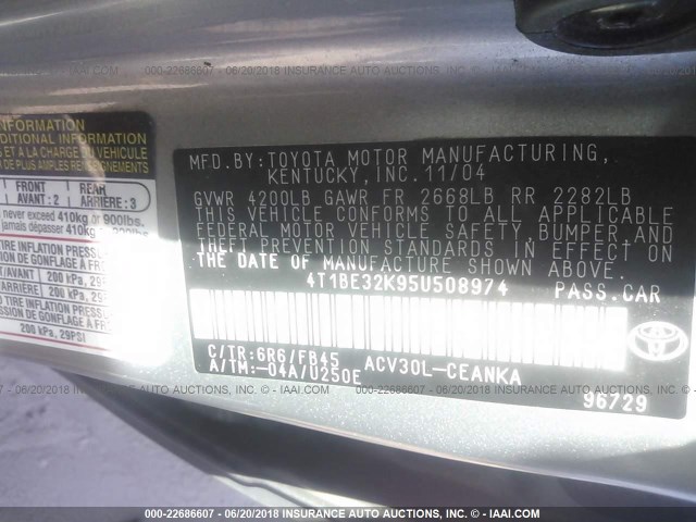 4T1BE32K95U508974 - 2005 TOYOTA CAMRY LE/XLE/SE Boz foto 9