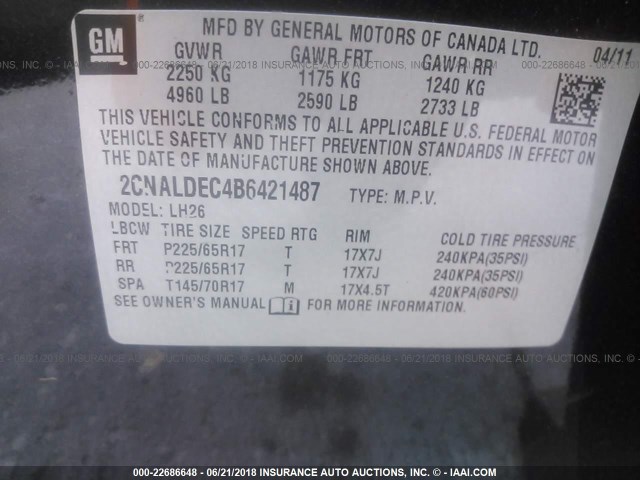 2CNALDEC4B6421487 - 2011 CHEVROLET EQUINOX LT BLACK photo 9