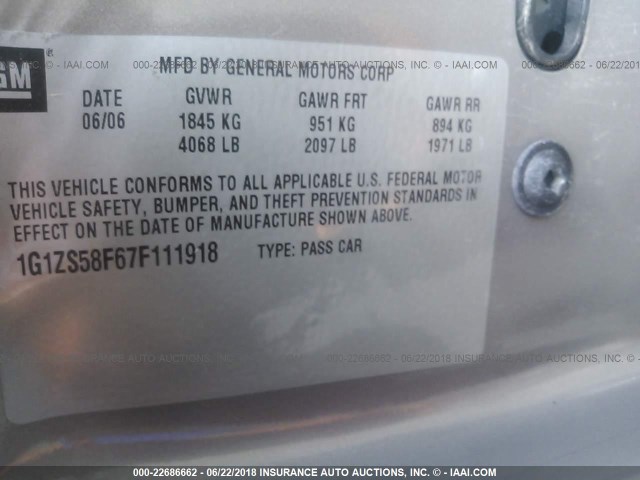 1G1ZS58F67F111918 - 2007 CHEVROLET MALIBU LS GOLD photo 9