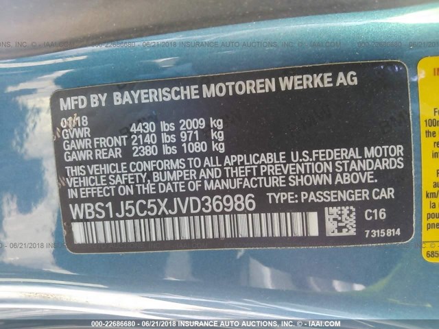 WBS1J5C5XJVD36986 - 2018 BMW M2 蓝色 照片 9