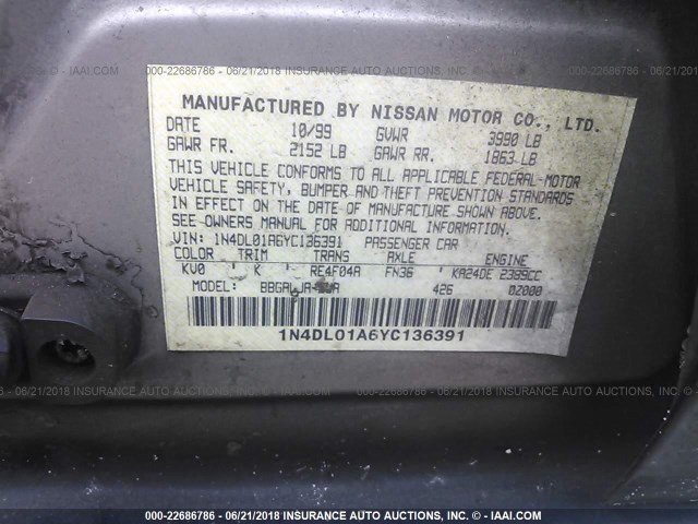 1N4DL01A6YC136391 - 2000 NISSAN ALTIMA XE/GXE/SE/GLE BLACK photo 9