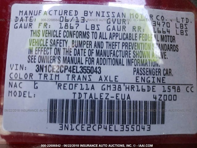 3N1CE2CP4EL355043 - 2014 NISSAN VERSA NOTE S/S PLUS/SV/SL RED photo 9