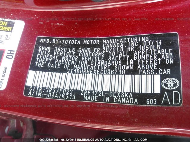 2T1BURHEXEC096718 - 2014 TOYOTA COROLLA L/LE/LE PLS/PRM/S/S PLS RED photo 9