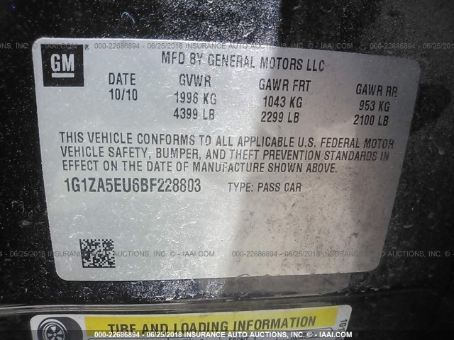 1G1ZA5EU6BF228803 - 2011 CHEVROLET MALIBU LS 黑色 照片 9