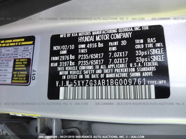 5XYZG3AB1BG009761 - 2011 HYUNDAI SANTA FE GLS SILVER photo 9