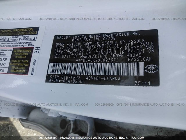 4T1BE46K29U827672 - 2009 TOYOTA CAMRY SE/LE/XLE 白色 照片 9