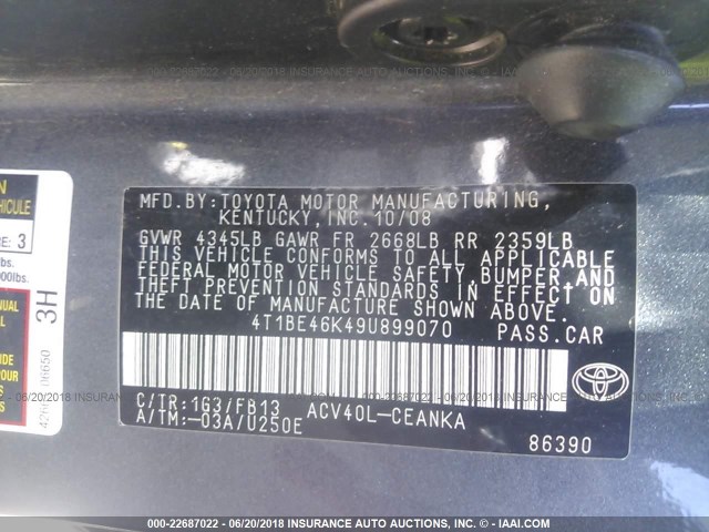 4T1BE46K49U899070 - 2009 TOYOTA CAMRY SE/LE/XLE GRAY photo 9