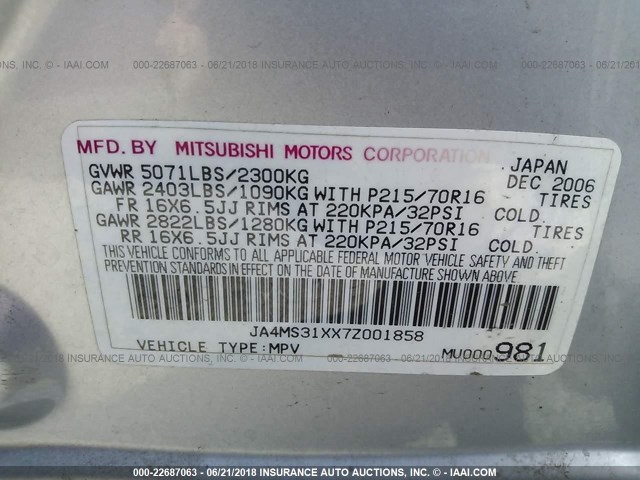 JA4MS31XX7Z001858 - 2007 MITSUBISHI OUTLANDER ES/LS Gümüş foto 9