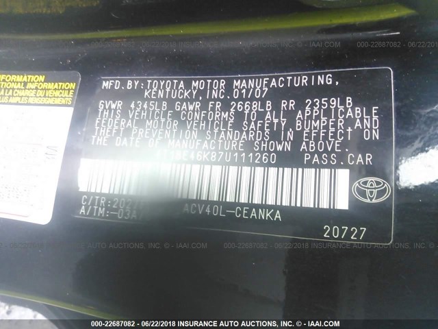 4T1BE46K87U111260 - 2007 TOYOTA CAMRY NEW GENERAT CE/LE/XLE/SE BLACK photo 9