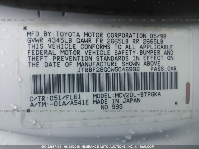 JT8BF28G0W5046992 - 1998 LEXUS ES 300 WHITE photo 9