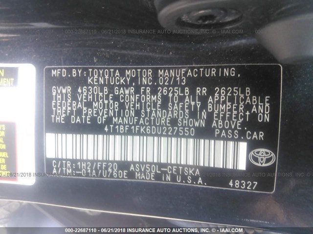 4T1BF1FK6DU227550 - 2013 TOYOTA CAMRY L/SE/LE/XLE 黑色 照片 9