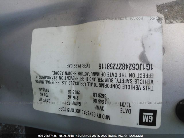 1G1JC524827258116 - 2002 CHEVROLET CAVALIER CNG SILVER photo 9