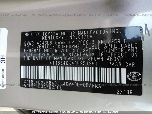 4T1BE46K48U251291 - 2008 TOYOTA CAMRY CE/LE/XLE/SE GOLD photo 9