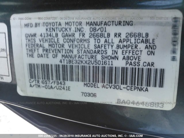 4T1BE32KX2U501611 - 2002 TOYOTA CAMRY LE/XLE/SE Yaşıl foto 9