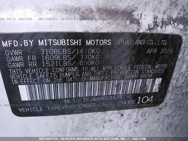 ML32F3FJ4HH003573 - 2017 MITSUBISHI MIRAGE G4 ES თეთრი ფოტო 9