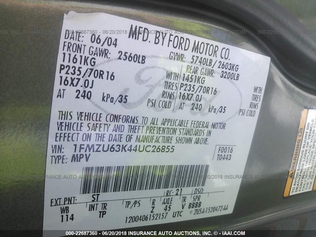 1FMZU63K44UC26855 - 2004 FORD EXPLORER XLT/XLT SPORT/NBX 绿色 照片 9