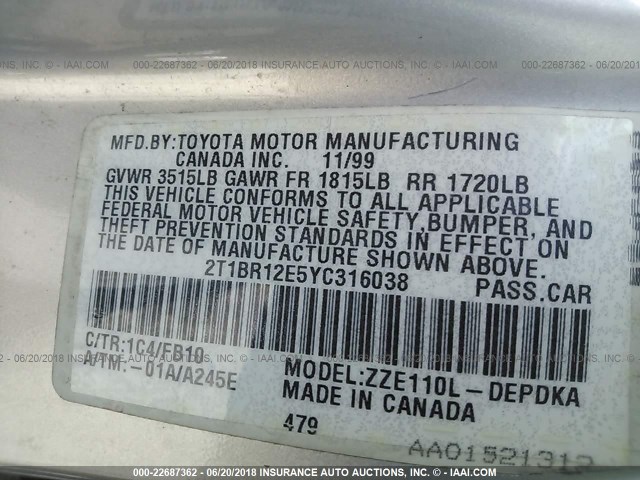 2T1BR12E5YC316038 - 2000 TOYOTA COROLLA VE/CE/LE 银色 照片 9