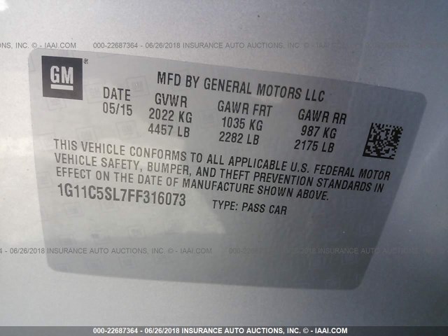 1G11C5SL7FF316073 - 2015 CHEVROLET MALIBU 1LT 银色 照片 9