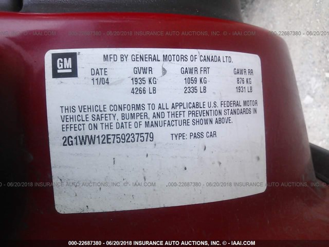 2G1WW12E759237579 - 2005 CHEVROLET MONTE CARLO LS 红色 照片 9