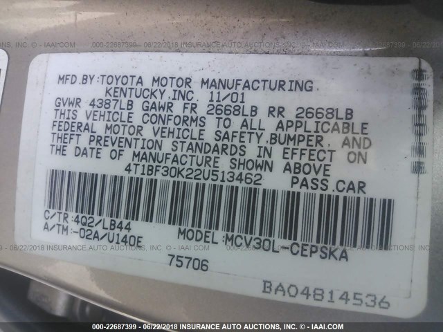 4T1BF30K22U513462 - 2002 TOYOTA CAMRY LE/XLE/SE თაფლისფერი ფოტო 9